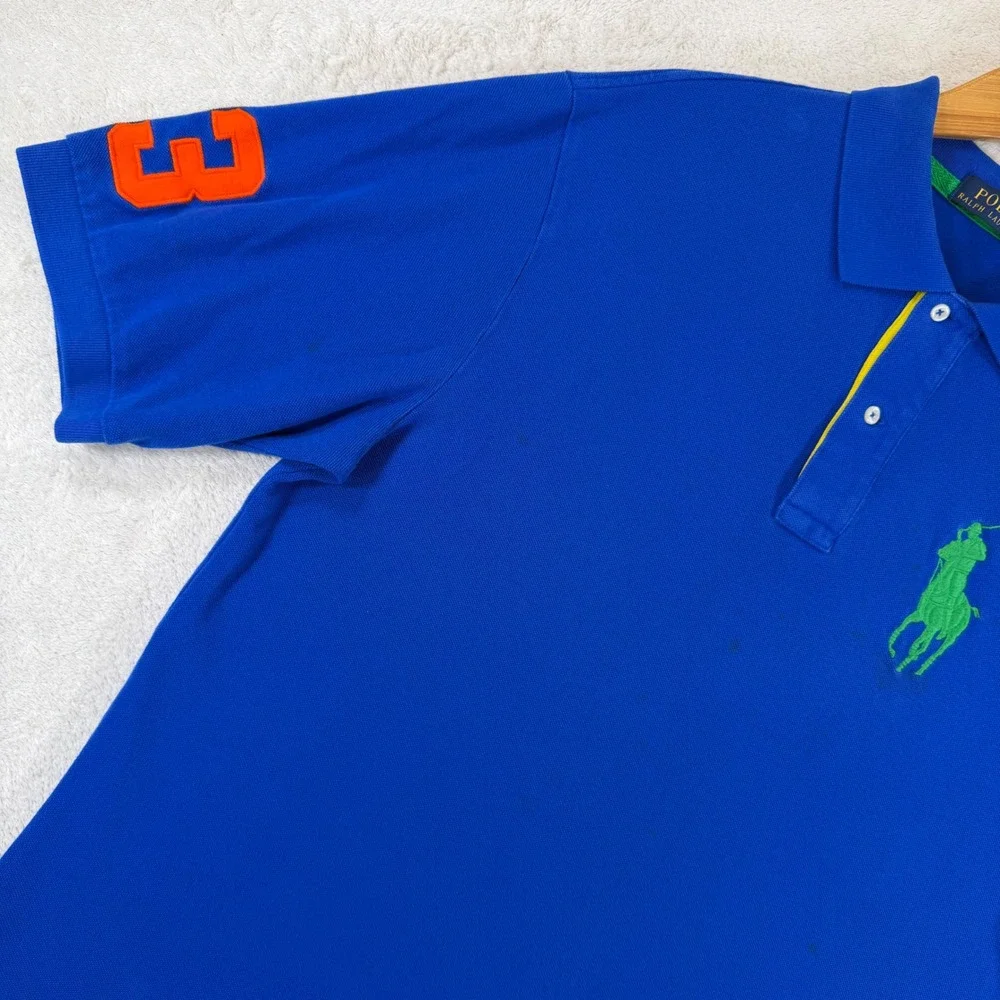 Polo Ralph Lauren Big Green Pony Blue Polo Shirt Mens LT Tall Orange 3 Patch
